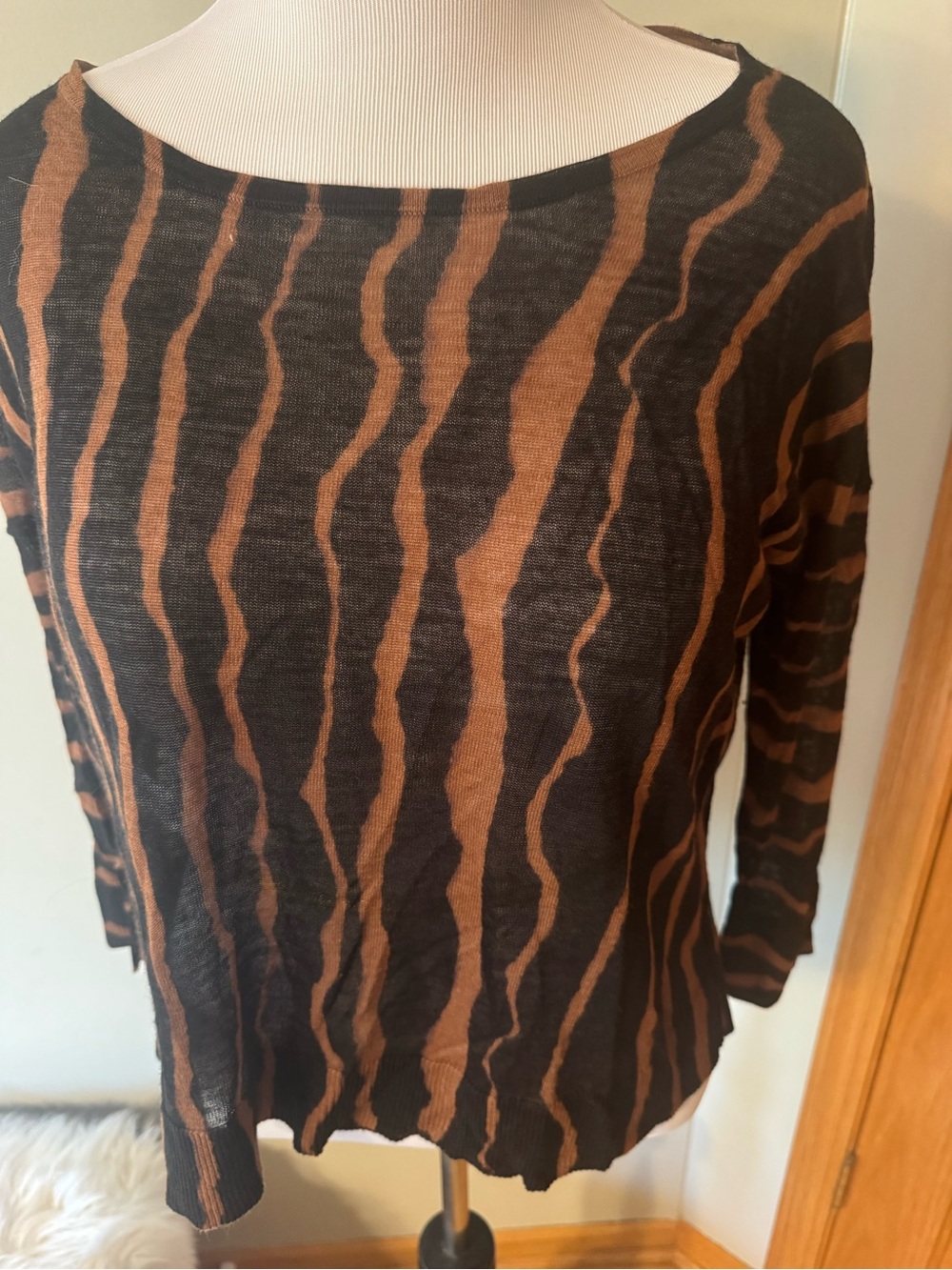 LOFT Black and Brown Wavy-Stripe Long Sleeve Top
